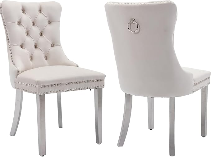 Mid Century Modern Dining Chairs Set of 2, Beige Velvet Upholstered Tufted Ba...