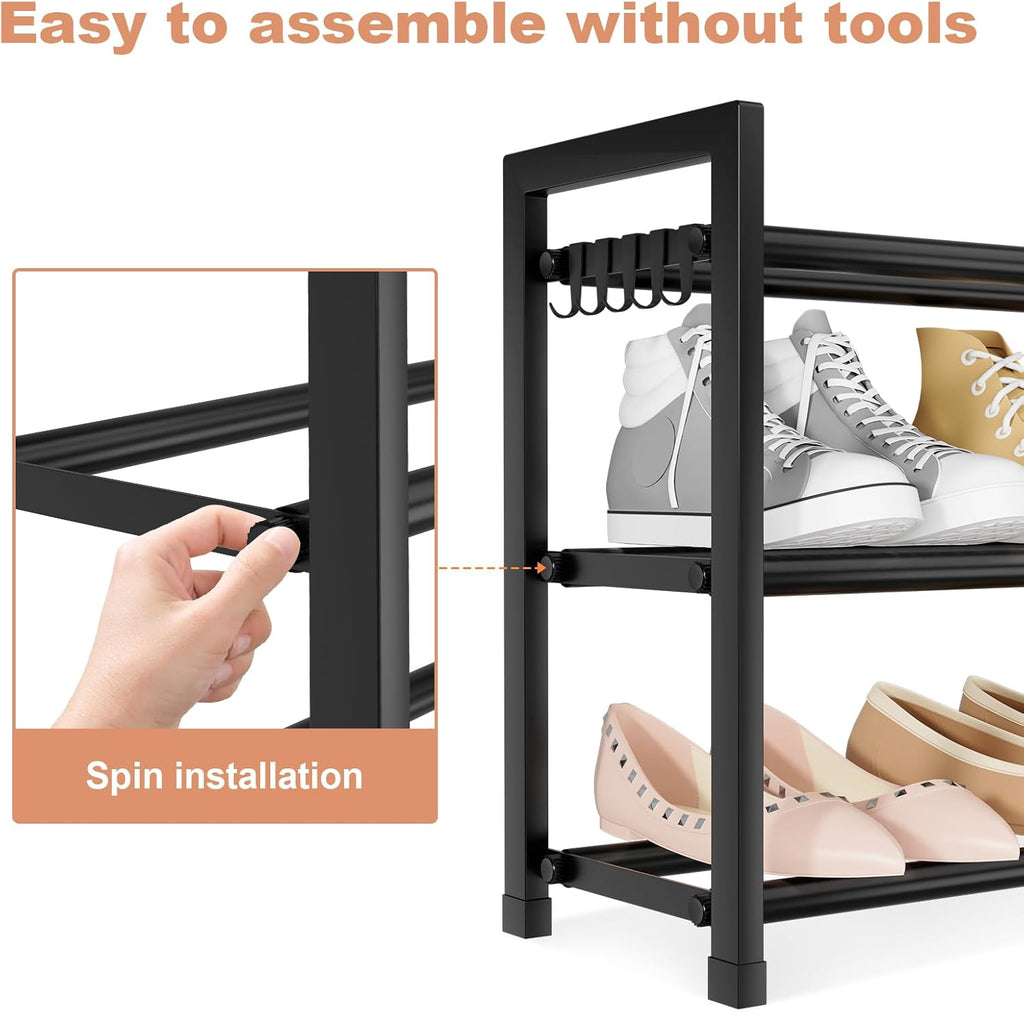 LANTEFUL 3-Tier Expandable Shoe Rack for Closet, Adjustable 18"-33" Metal Shoe Organizer for 12 Pairs, Shoe Shelf for Small Spaces, Entryway, Bedroom with 5 Hooks