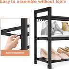 LANTEFUL 3-Tier Expandable Shoe Rack for Closet, Adjustable 18"-33" Metal Shoe Organizer for 12 Pairs, Shoe Shelf for Small Spaces, Entryway, Bedroom with 5 Hooks