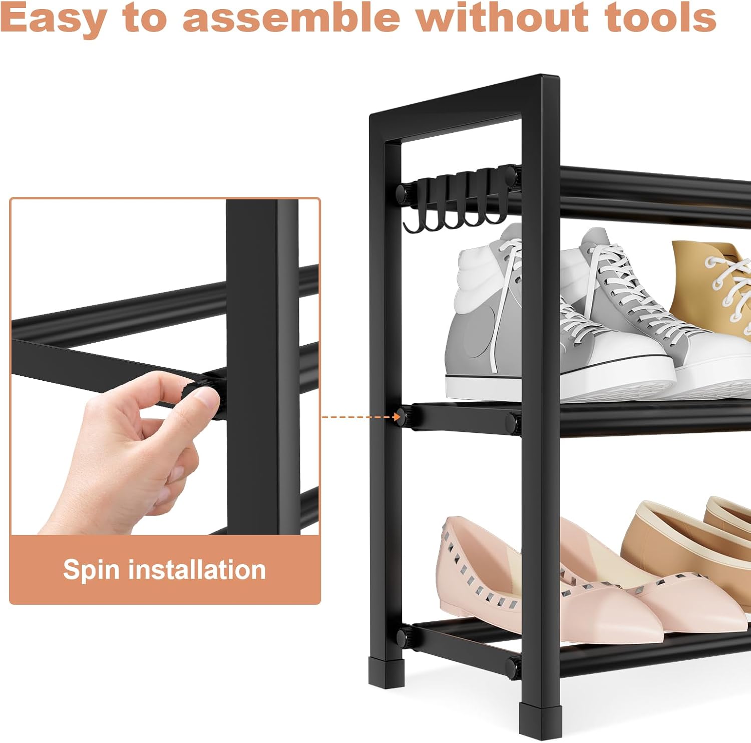 LANTEFUL 3-Tier Expandable Shoe Rack for Closet, Adjustable 18"-33" Metal Shoe Organizer for 12 Pairs, Shoe Shelf for Small Spaces, Entryway, Bedroom with 5 Hooks