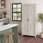 Pemberly Row Engineered Wood Kitchen Pantry Cabinet, Linen White Oak Finish, Adjustable Shelves, Farmhouse Style with Doors, Freestanding Storage for Kitchen, Dining Room or Home Organization