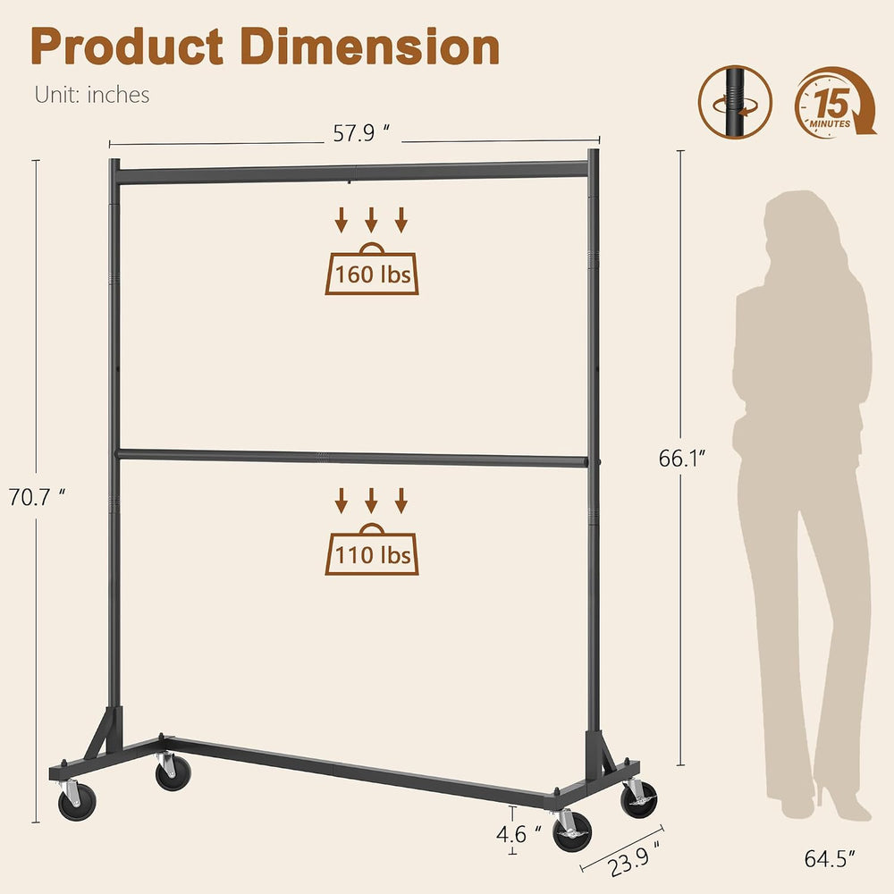Hoctieon Double Rod Z Rack, Rolling Clothes Racks with Z-Base, Adjustable Clo...