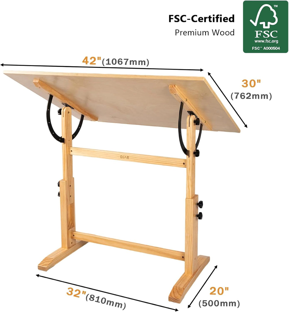 DJAR 42x30 Adjustable Wooden Drafting Table & Art Drawing Desk, Natural |...