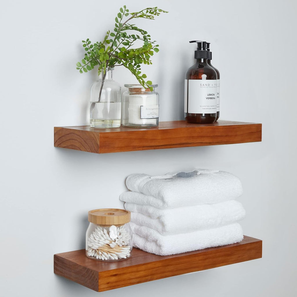 Homeforia 18 inch Floating Shelf Oak, High End Solid Real Wood 18inch Long Floating Shelves for Wall Mounted, Honey Oak Wooden 18in Floating Shelves, Heavy Duty Bracket, 18 X 6.5 X 1.75 inch, Set of 3