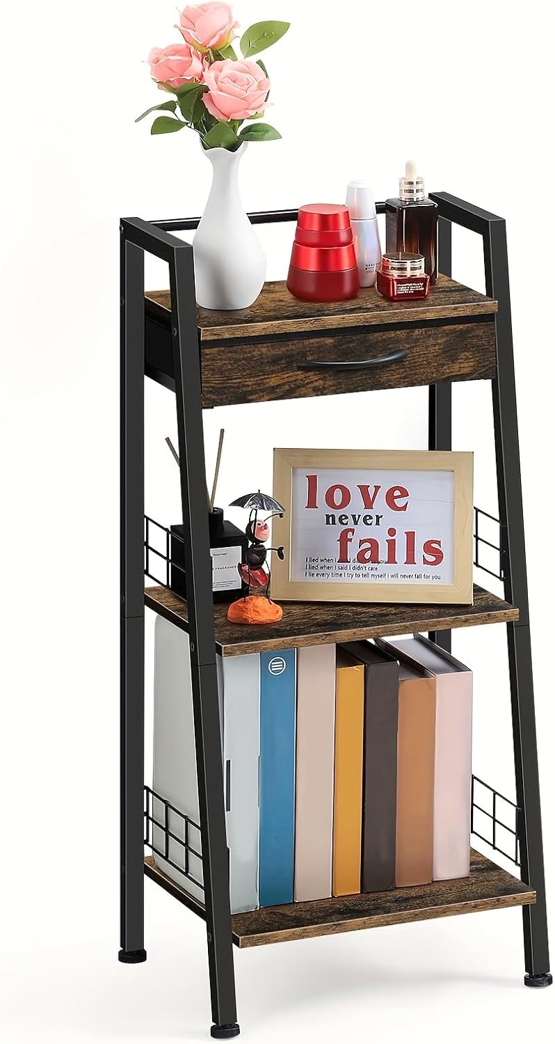3-Tier Bathroom Ladder Shelf with Drawer, Bathroom Floor Storage Shelf, Freestanding Tower Shelf Ladder Bookshelf for Living Room, Bedroom