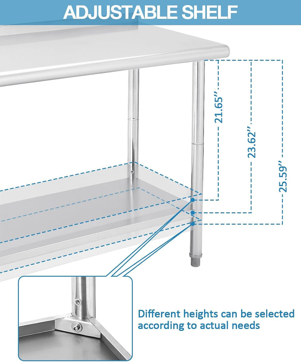 GarveeTech 60 in x 24 in Stainless Steel Prep Table, NSF Metal Work Table with Backsplash, Adjustable Undershelf, 5 Hooks, Heavy Duty Workbench Workstation for Home Kitchen Restaurant