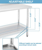 GarveeTech 60 in x 24 in Stainless Steel Prep Table, NSF Metal Work Table with Backsplash, Adjustable Undershelf, 5 Hooks, Heavy Duty Workbench Workstation for Home Kitchen Restaurant