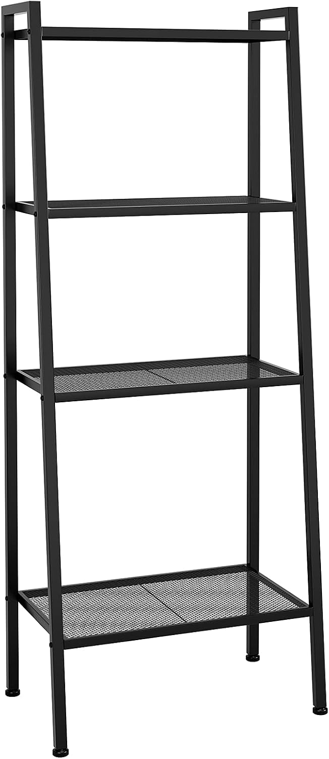 4 Tier Ladder Shelf, 23.6L x 13.8W x 57.9H Inch Industrial Bookcase Ladder-Shaped Plant Flower Stand Rack Storage Shelves for Living Room, Black (HSSC-1)
