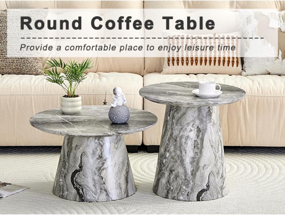Nesting Coffee Table Set, Gray Veneer Round Tables, Mid-Century Modern | Roun...