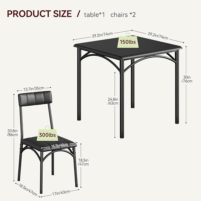 2-Person Dining Table Set (3 Pieces) - Square Kitchen Table with Upholstered Chairs | Ideal Small Space Dining Set for Apartments, Studios | Compact Kitchen Dining Set for 2 Adults/Kids