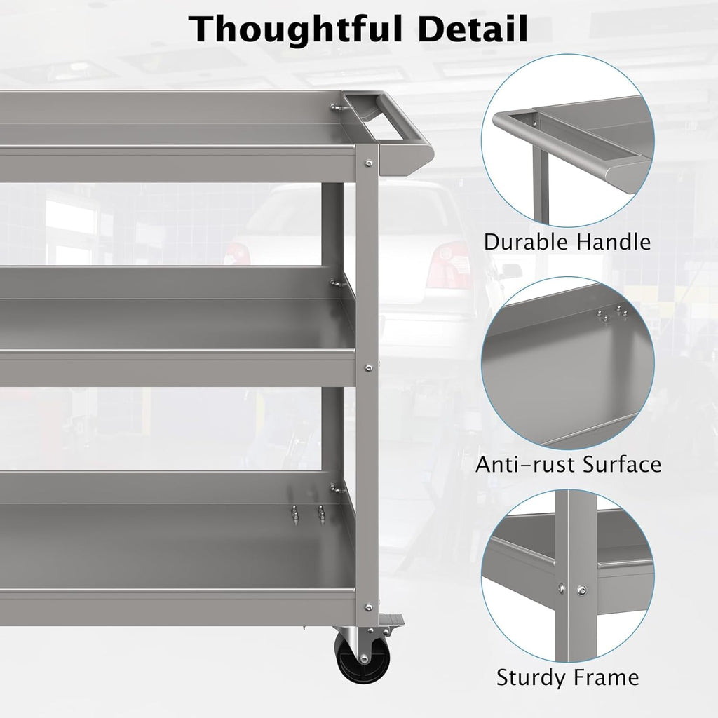 Goplus 3-Layer Service Utility Cart, Heavy Duty Unity Cart with Flat Handle, 2 Lockable Universal Wheel, 400 lbs Capacity, Rolling Tool Cart for Garage, Kitchen, Hotel, Office, Workshop Grey
