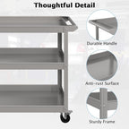 Goplus 3-Layer Service Utility Cart, Heavy Duty Unity Cart with Flat Handle, 2 Lockable Universal Wheel, 400 lbs Capacity, Rolling Tool Cart for Garage, Kitchen, Hotel, Office, Workshop Grey