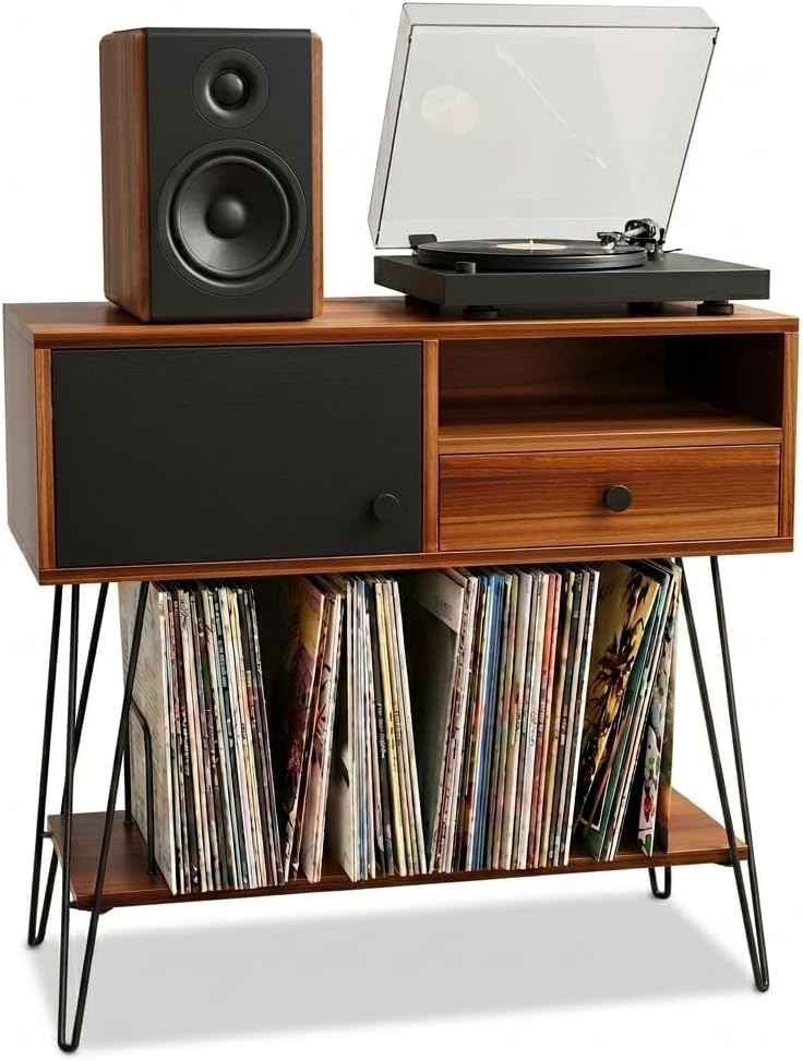 Large Record Player Stand with Vinyl Storage Holds Up to 200 Albums - Mid-Cen...