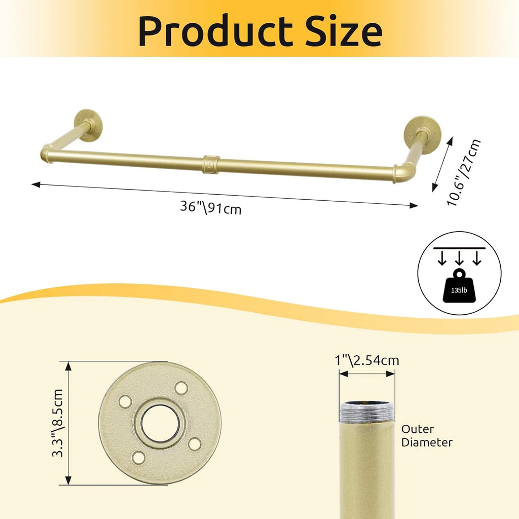 2 Packs Gold Industrial Pipe Clothes Rack,36 inch Pipe Garment Rack Hanging Rod Bar for Closet Storage,Laundry Room Up to Max Load 135lbs