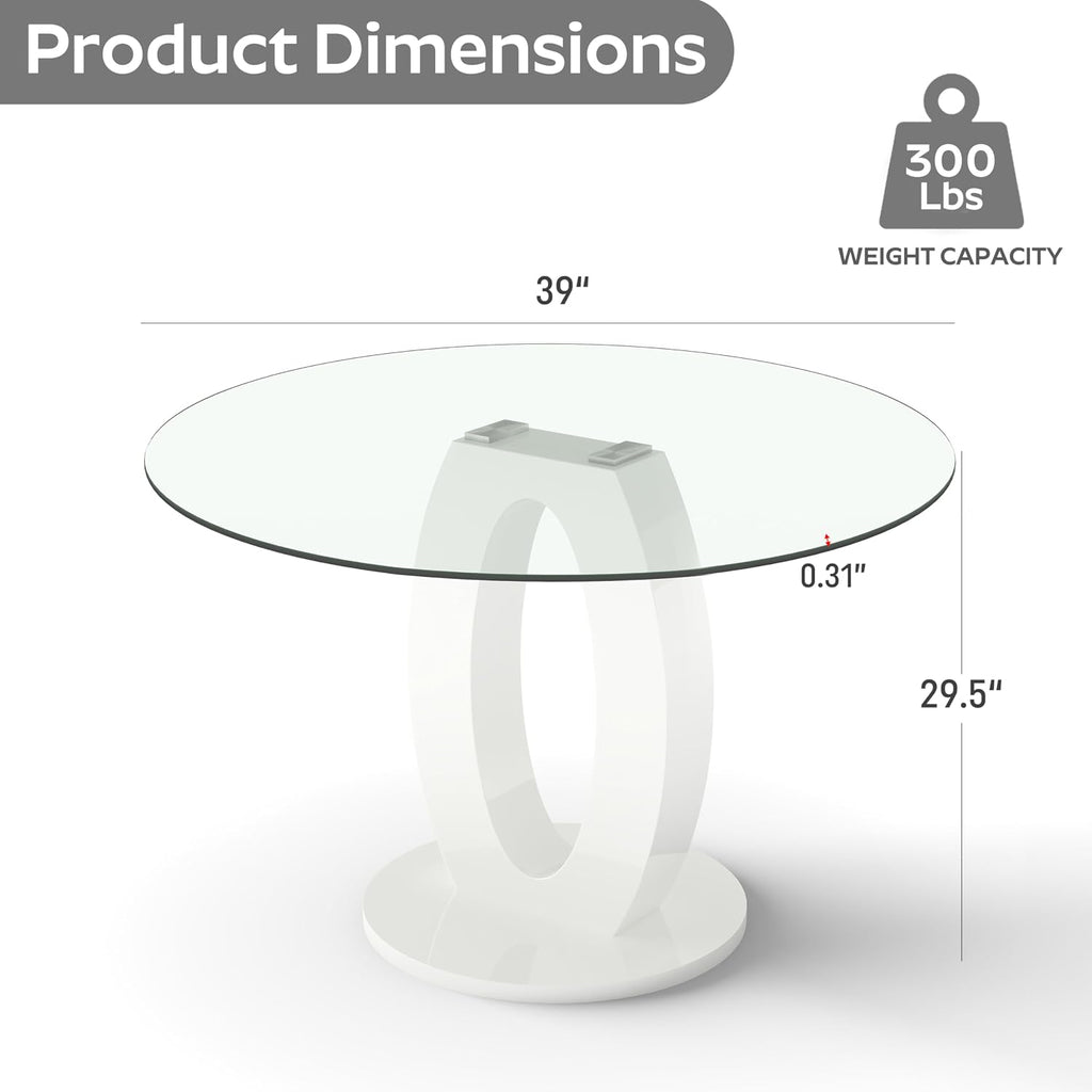 RGZ 39'' Modern Luxury Glass Round Dining Table for 4-6, Clear Circle Glass Top Kitchen Table with White MDF Base, Small Circular Minimalist Apartment Dinner Table for Home, Living Room, Tea