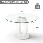 RGZ 39'' Modern Luxury Glass Round Dining Table for 4-6, Clear Circle Glass Top Kitchen Table with White MDF Base, Small Circular Minimalist Apartment Dinner Table for Home, Living Room, Tea