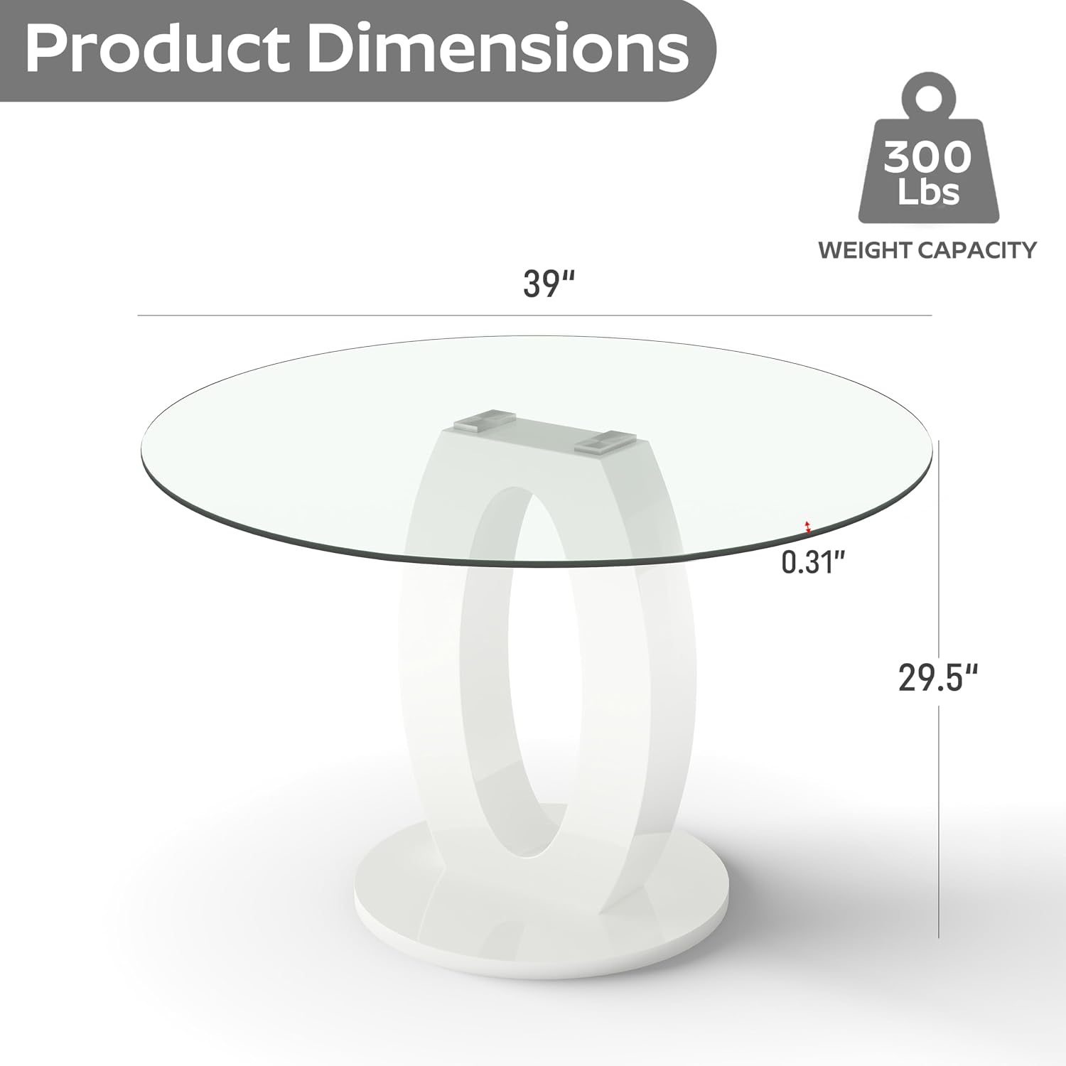 RGZ 39'' Modern Luxury Glass Round Dining Table for 4-6, Clear Circle Glass Top Kitchen Table with White MDF Base, Small Circular Minimalist Apartment Dinner Table for Home, Living Room, Tea