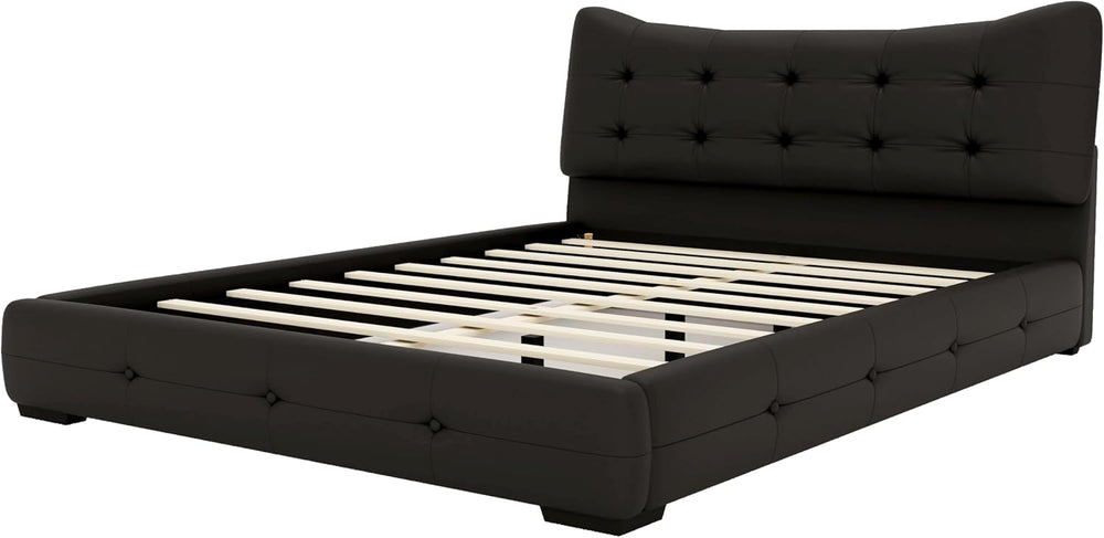 Queen Size Pu Leather Bed Frame/Button Tufted Wingback Headboard/Upholstered ...