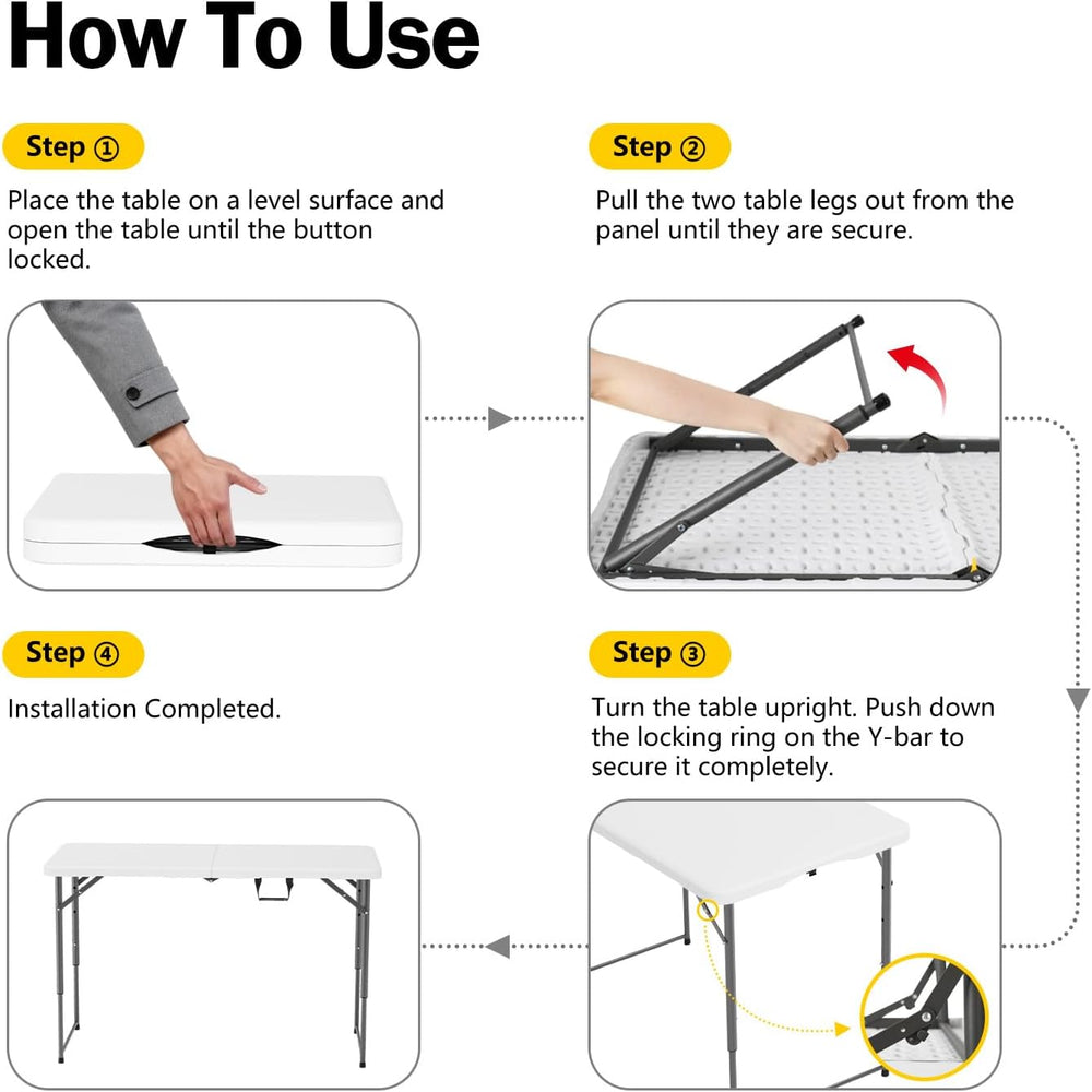4 Feet Folding Table Adjustable Height with Carry Handle, Steel Legs | Heavy ...