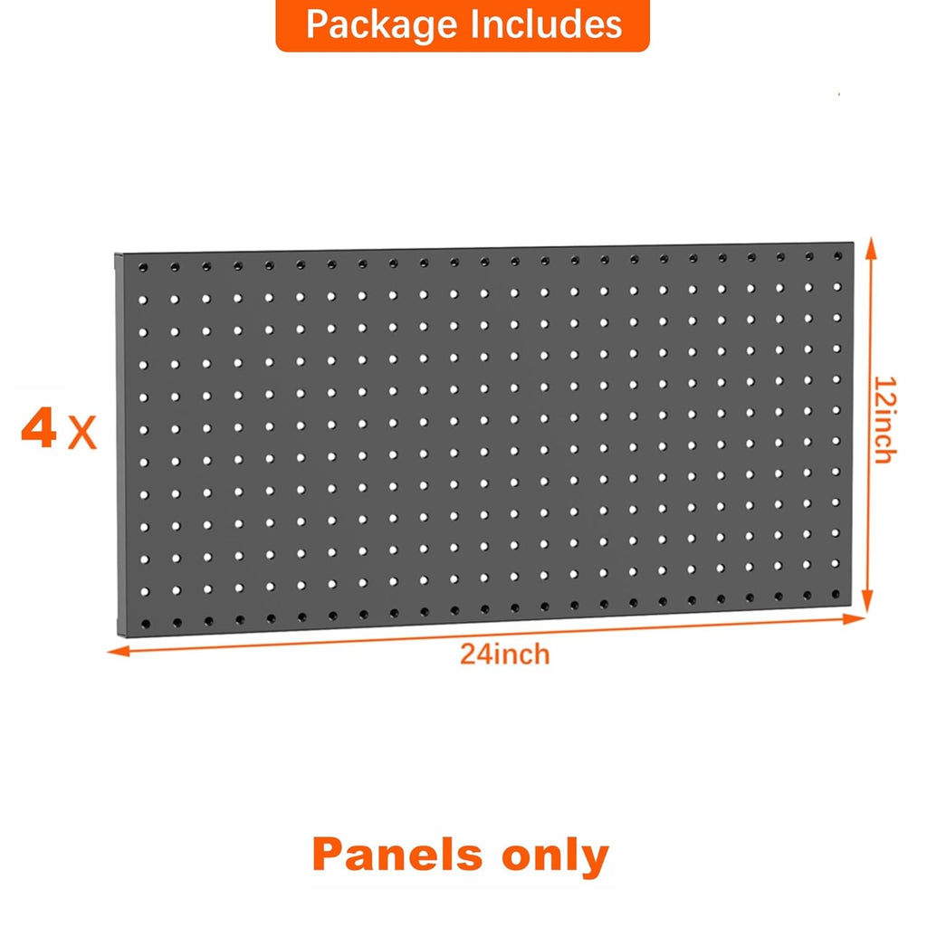 TORACK 4-Pack 12x24 inch Metal Pegboard Panels for Wall, Garage Tools Pegboard for Workbench, Modular Peg Board, Tool Organizer Board for Pegs(Black)