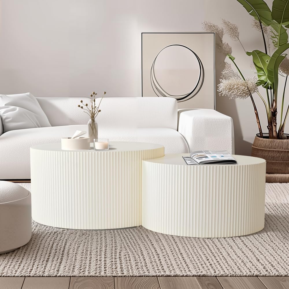 Brilluxa Nesting Coffee Table Set of 2, Vertical Stripe Design, Beige | Two-P...