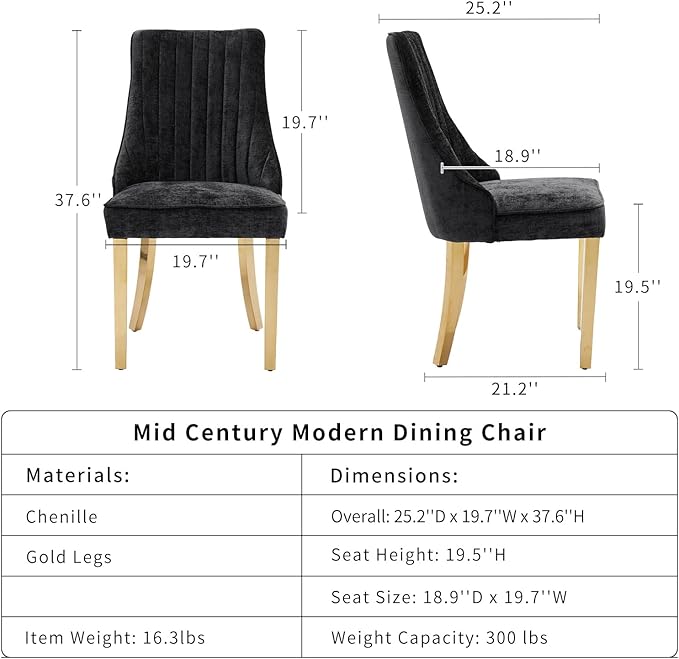 Black Mid Century Dining Chairs Set of 2, Modern Kitchen & Dining Room Chairs Set of 2, Chenille Fabric Upholstered Kitchen Chairs, Sillas de Comedor, Gold Legs (Black, 2 Pcs)