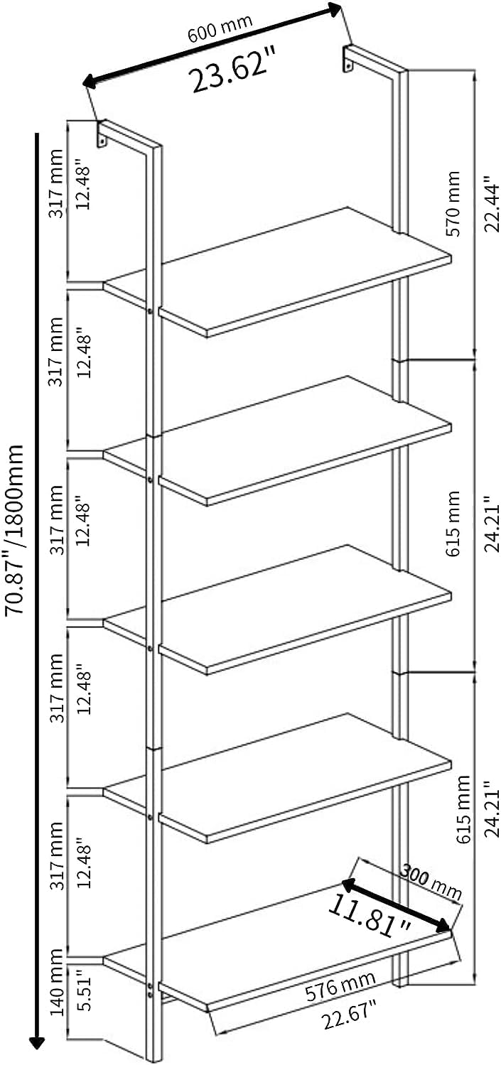 White Ladder Shelf Wall Mount, 5 Tier Ladder Bookshelf with Wood Shelf and Metal Frame, Modern Tall Ladder Shelves for Living Room, Bedroom, Office (12" D x 24" W x 71" H)