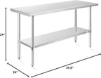 KUTLER Stainless Steel Table 24 x 60 Inches, NSF Heavy Duty Commercial Kitchen Prep and Work Table with Undershelf for Restaurant, Hotel, Home