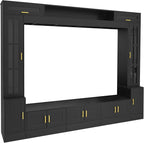 98.4" W Wall Unit Entertainment Center with Bookshelves for TVs up to 80", Modern TV Stand Media Console with Cabinets, Tempered Glass Doors for Living Room (Black/T3)