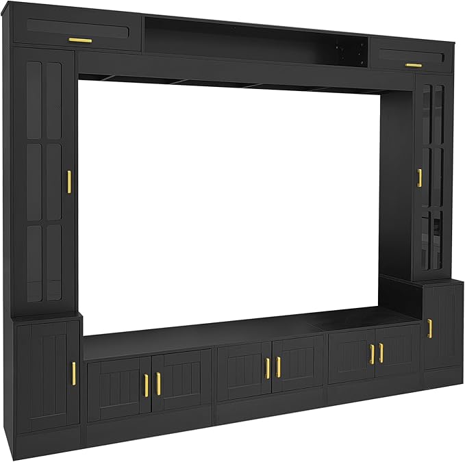 98.4" W Wall Unit Entertainment Center with Bookshelves for TVs up to 80", Modern TV Stand Media Console with Cabinets, Tempered Glass Doors for Living Room (Black/T3)