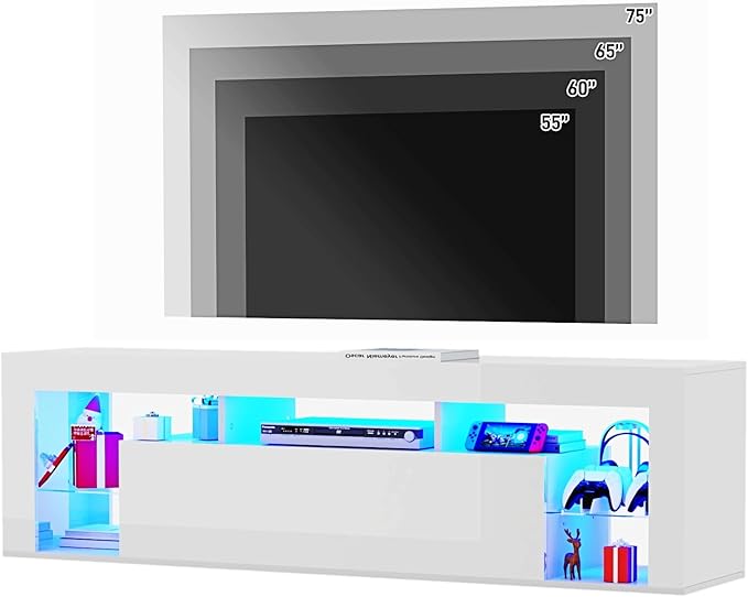 63" Floating High Gloss LED TV Stand for 75" TVs, Wall-Mounted Entertainment Center, Modern Media Console with Open Adjustable Glass Shelf and Hidden Storage Cabinet, White
