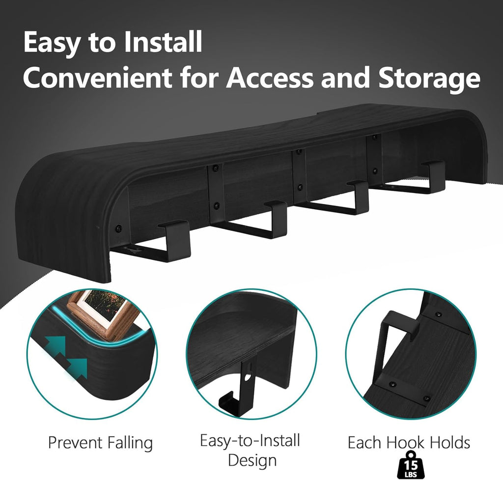 Coat Rack Wall Mount with Hidden Hooks Modern Key Holder Wood Entryway Hook with Shelf for Bedroom Kitchen Hallway Bathroom Designed for Hanging Coats Hats Bags Towels Dog Leashe(Black,4 Hooks)