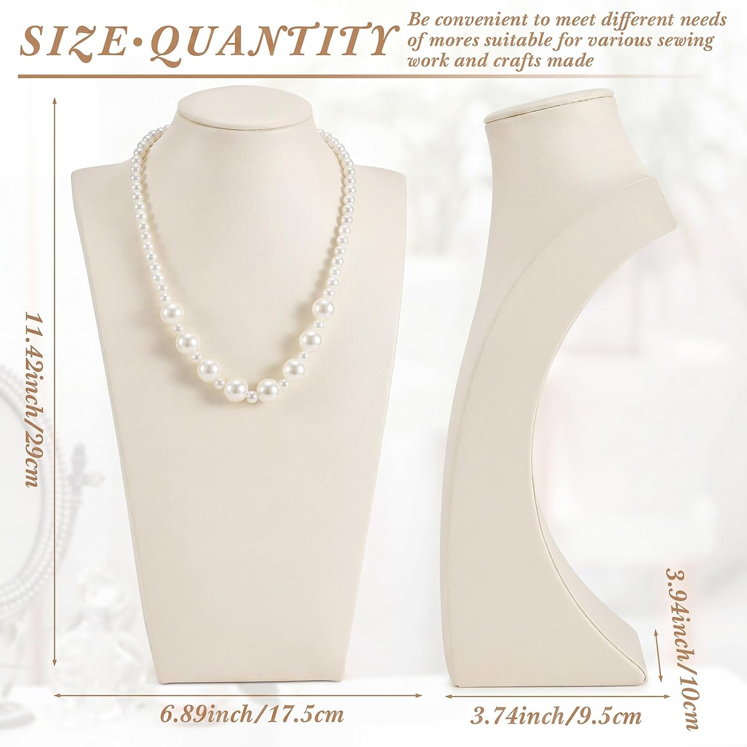Beige 3 Pcs PU Leather Jewelry Display Bust Necklace Display Stand Necklace Mannequin Holder for Jewelry Displays for Vendors (11.42 x 6.89 Inches)
