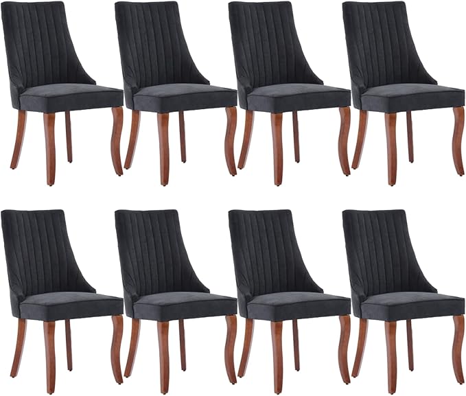 Dining Chairs Set of 8,Comfy Fabric Upholstered Chairs for Kitchen Living Room,Channel Tufted Dining Room Chairs with Curved Solid Wood Legs(Black,8 Pcs)
