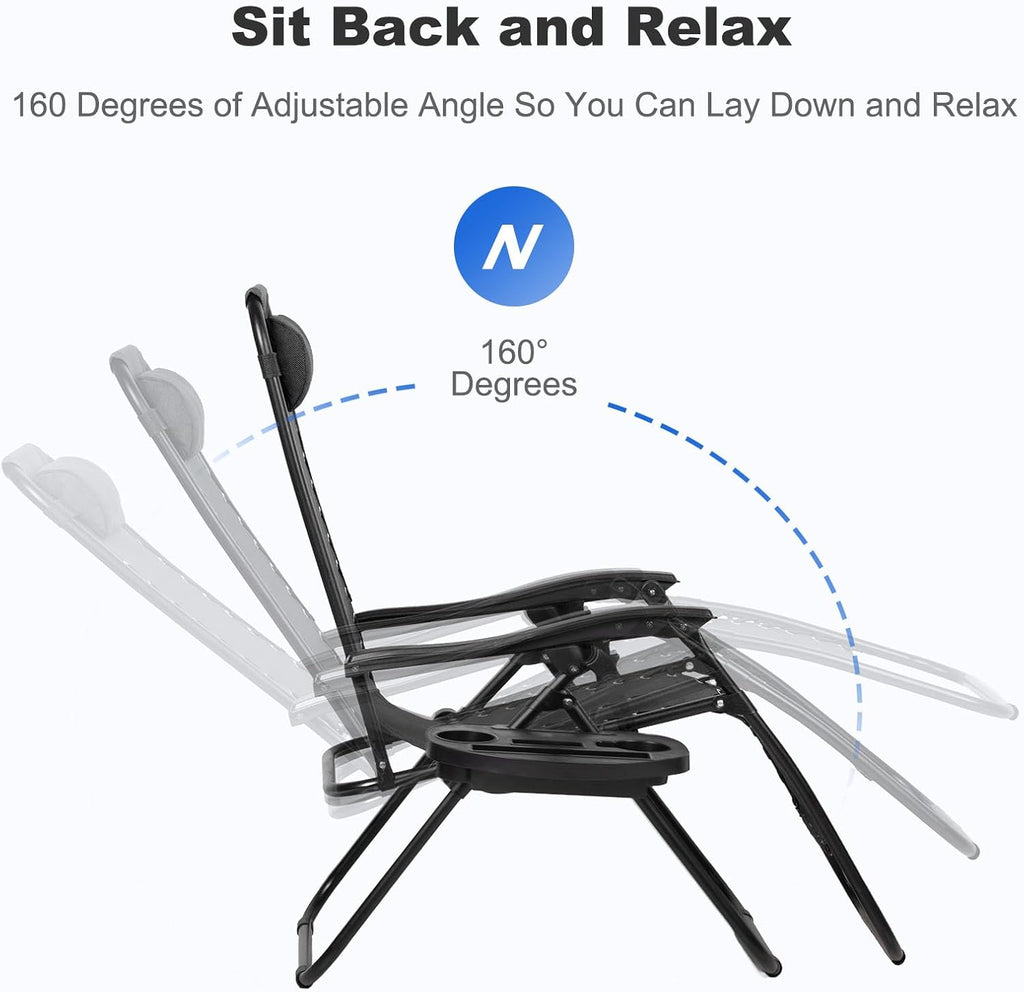 Nazhura Set of 2 Relaxing Recliners Patio Chairs Adjustable Steel Mesh Zero Gravity Lounge Chair Beach Chairs with Pillow and Cup Holder Black