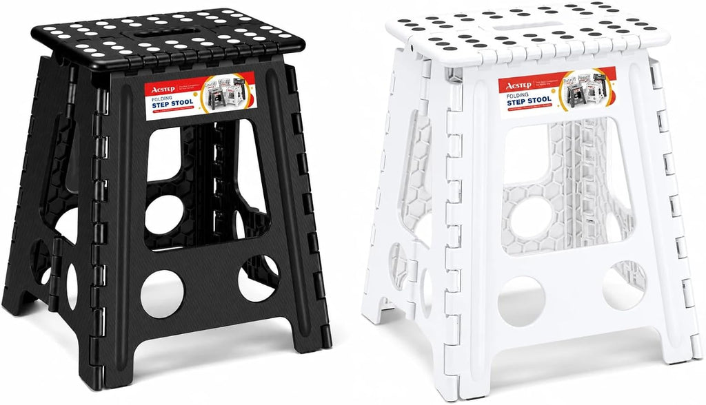 ACSTEP 16 Inch Folding Step Stool 2 Pack, 400 LB Capacity Plastic Foldable Stools with Handle, Non-Slip Step Stool for Kids and Adults, Home Use (Black & White)