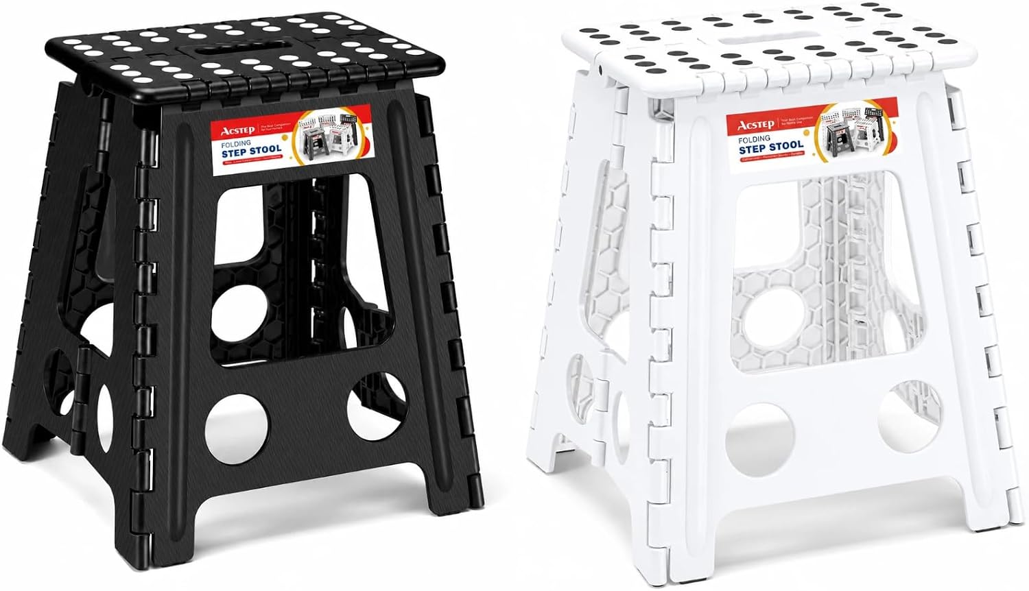 ACSTEP 16 Inch Folding Step Stool 2 Pack, 400 LB Capacity Plastic Foldable Stools with Handle, Non-Slip Step Stool for Kids and Adults, Home Use (Black & White)