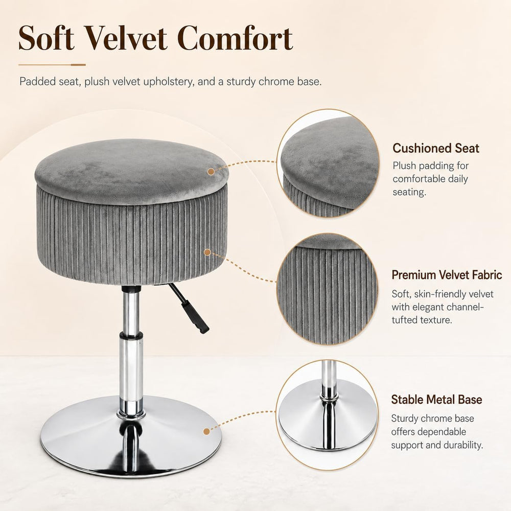 2 in 1 Adjustable Storage Vanity Stool with Flip-Over Wood Tray | 360° Swivel...