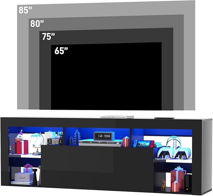 71" Floating High Gloss LED TV Stand for up to 85" TVs, Wall-Mounted Entertainment Center, Modern Media Console w/USB Outlets, Open Adjustable Glass Shelf&Hidden Storage Cabinet, Black