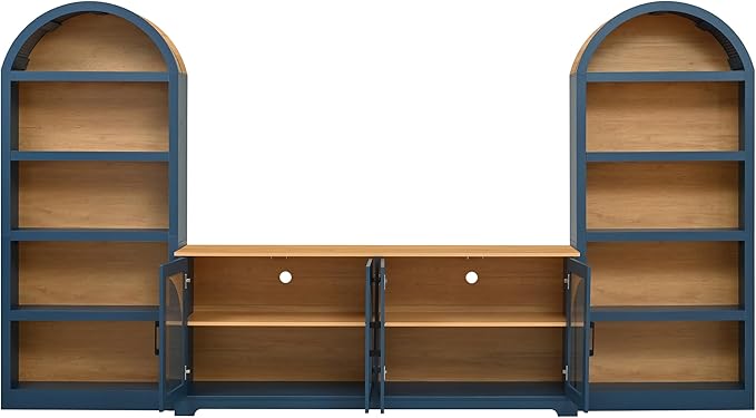 3-Piece Retro TV Stand Set with Bookshelf, Entertainment Center with Arched Design for TVs up to 70'', Farmhouse Media Console with Tempered Glass Doors for Living Room, Blue