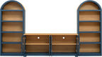 3-Piece Retro TV Stand Set with Bookshelf, Entertainment Center with Arched Design for TVs up to 70'', Farmhouse Media Console with Tempered Glass Doors for Living Room, Blue