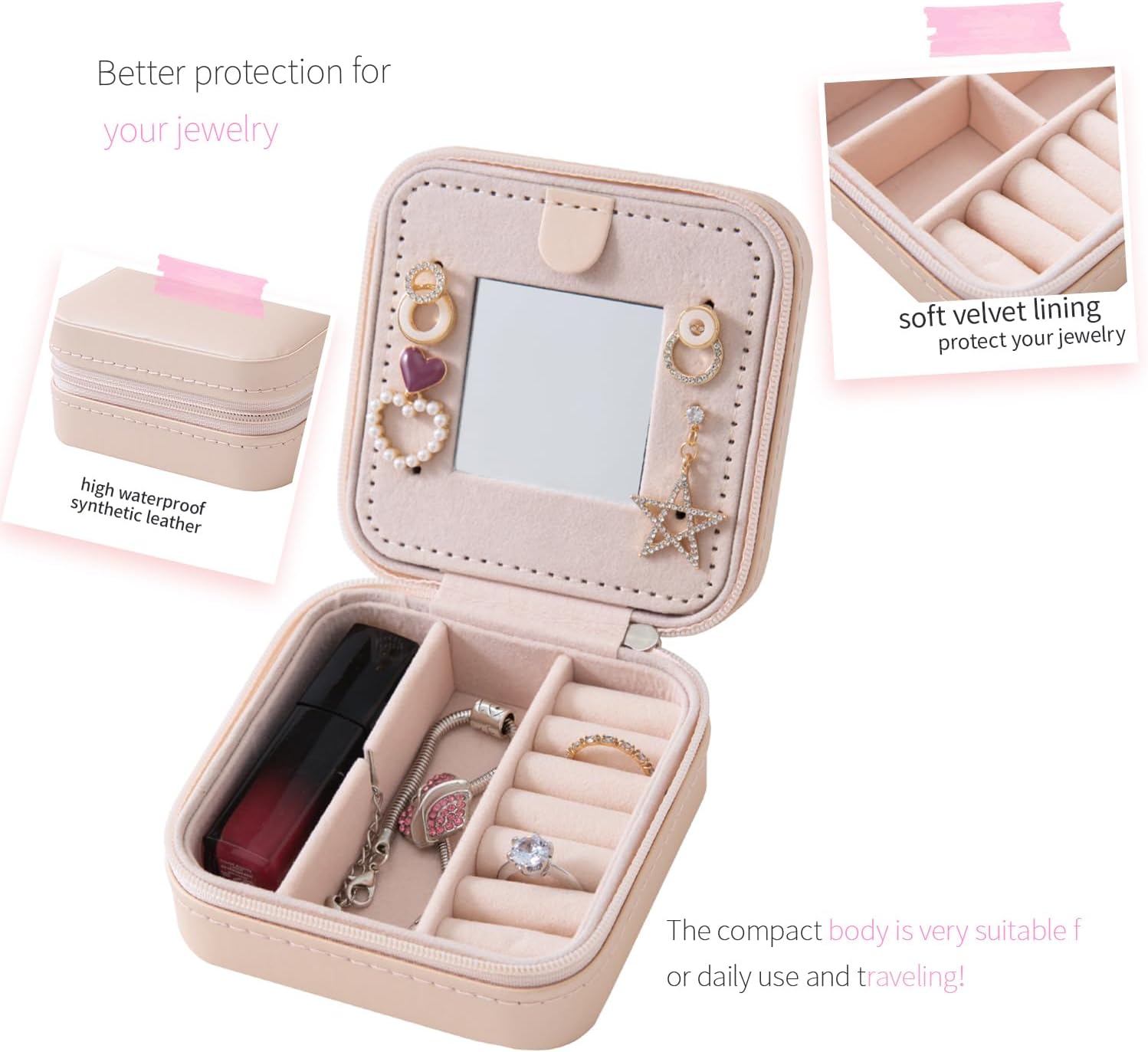 KElofoN Travel jewelry case Travel jewelry box Travel Jewelry Organizer Small box Gift for Girls Women with Mirror(Pink)