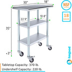 AmGood Stainless Steel Work Table with 2 Shelves and Casters | Metal Utility Table On Wheels (Stainless Steel Work Table with 2 Shelves + Casters, 30" Long x 18" Deep)