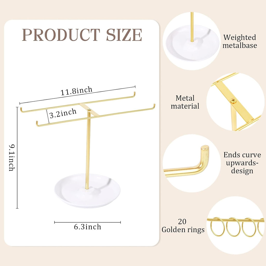 Metal Headband Holder Organizer, 2-Tier Headband Storage with Tray, Hairband Display Stand with Golden Rings, Hair Accessories Claw Clip Organizer for Women and Girls (Gold)