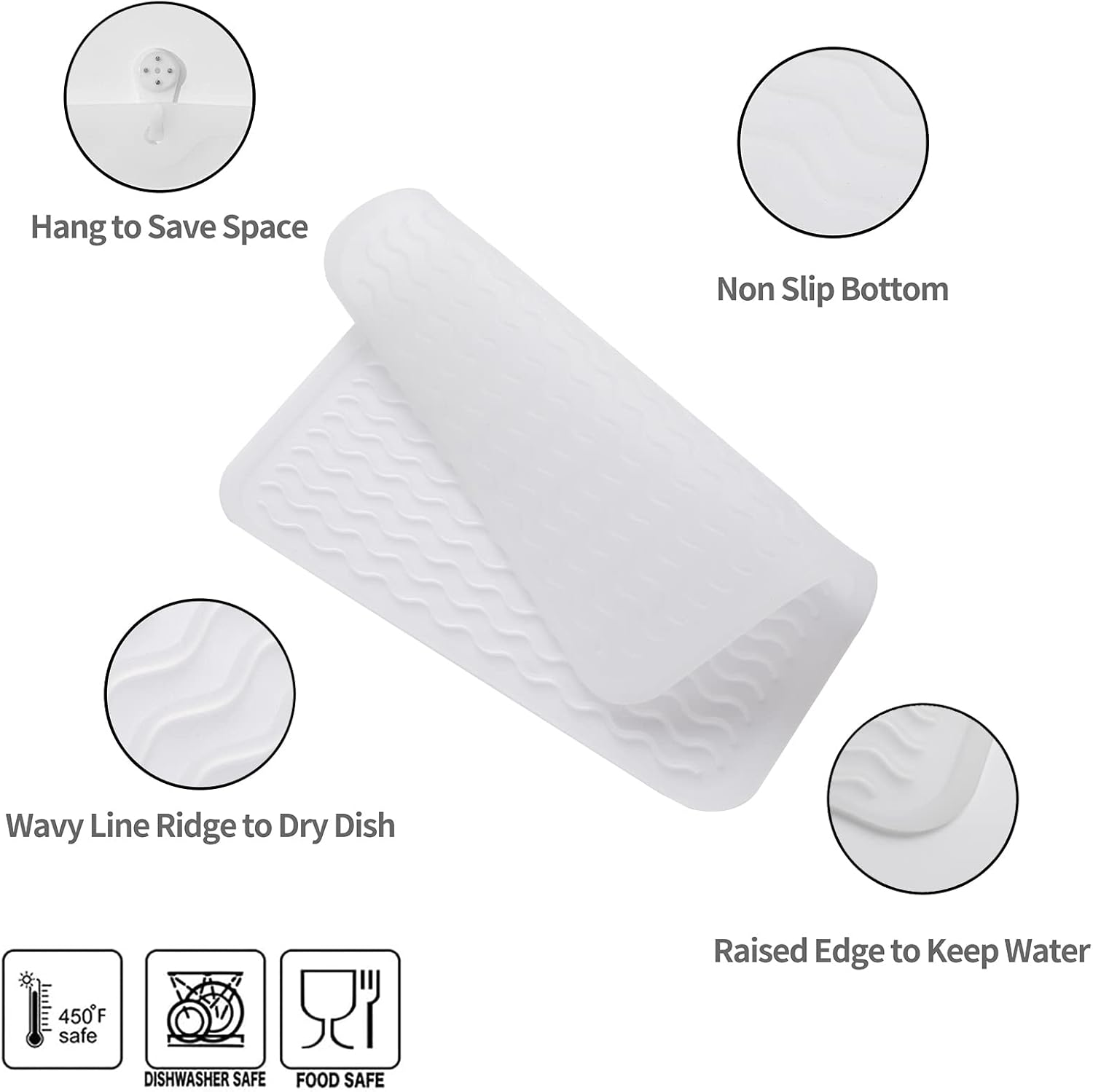 Silicone Dish Drying Mat for Multiple Usage,Easy clean,Eco-friendly,Heat-resistant Silicone Mat for Kitchen Counter or Sink,Refrigerator or Drawer liner Translucent M 12 inches x 12 inches