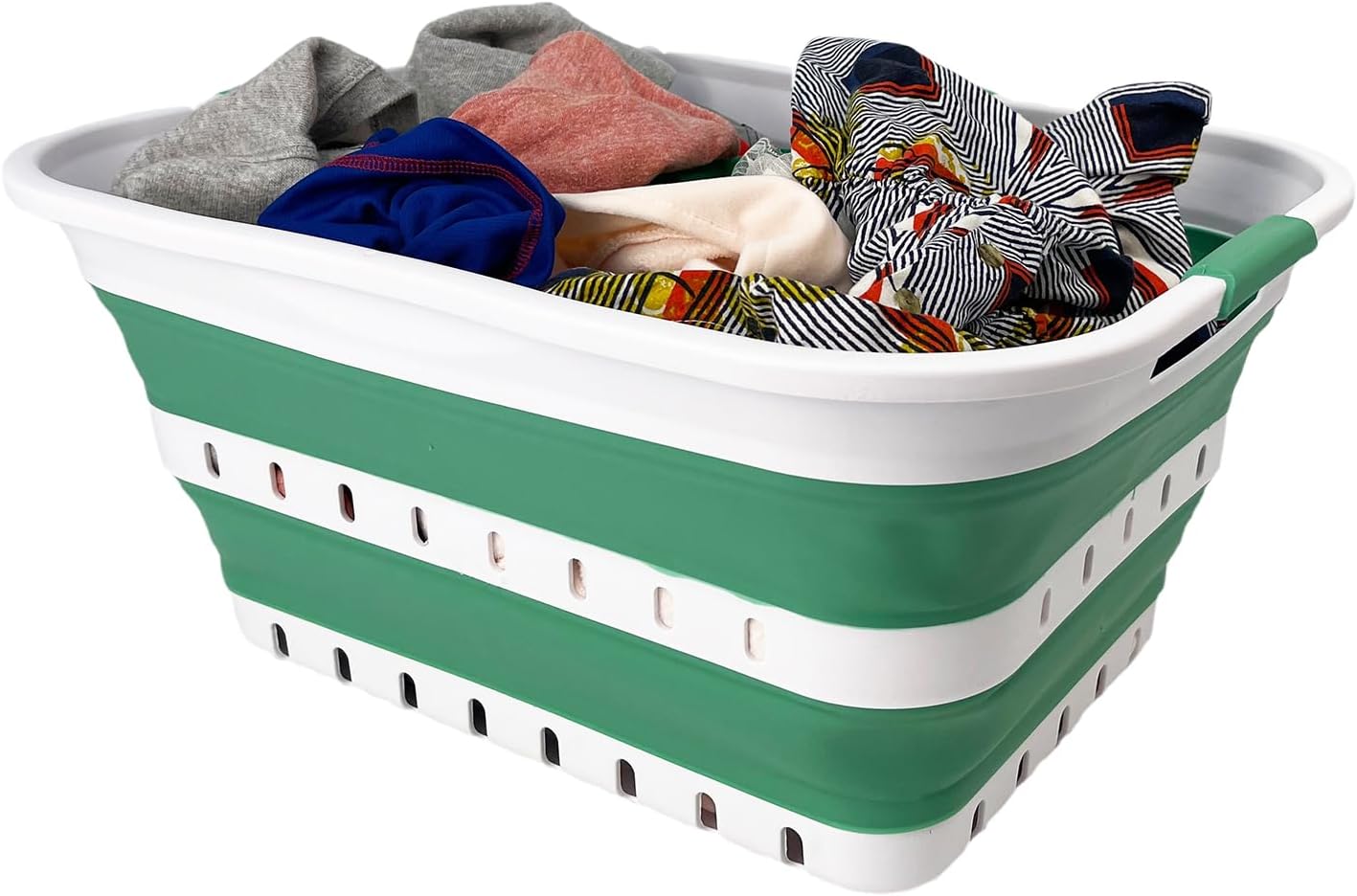 SAMMART 42L (11 gallon) Collapsible Plastic Laundry Basket - Foldable Pop Up Storage Container/Organizer - Space Saving Hamper/Basket (1, White/Winter Green)