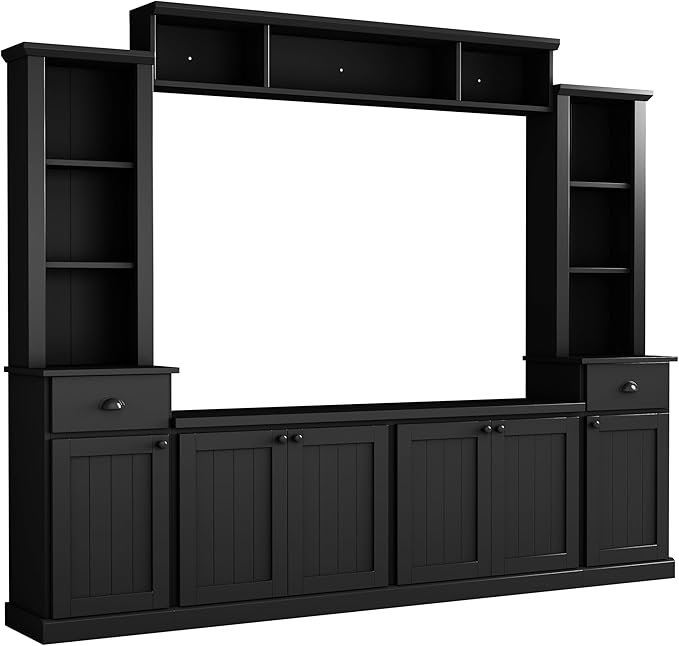 Merax Minimalist 103" Entertainment Wall Unit Set with Overhead Bridge for TVs Up to 75", Modern Large Media Console with Adjustable Shelves, Ample Storage Cabinets & Drawers for Living Room, Black