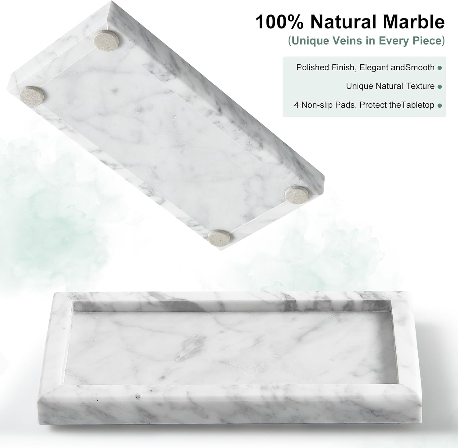 Natural Small Marble Vanity Tray, Luxury Stone Organizer for Bathroom & Kitchen | Holds Soap Dispenser, Jewelry, Perfume | Non-Resin, Non-Ceramic Décor