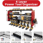 4 Layers Power Tool Organizer Wall Mount with Power Strip, Heavy Duty Metal Tool Shelf, 400lbs Capacity for Cordless Drills, Batteries & Garage Storage (8 Slots with 8 Outlets Power Strip)