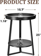 Gadroad Round End Table with Storage Shelf, 2 Tier Farmhouse Side Table Nightstand for Living Room, Bedroom, Wood Tabletop & Black Metal Frame, Black 15.7 * 15.7 * 23.0inches